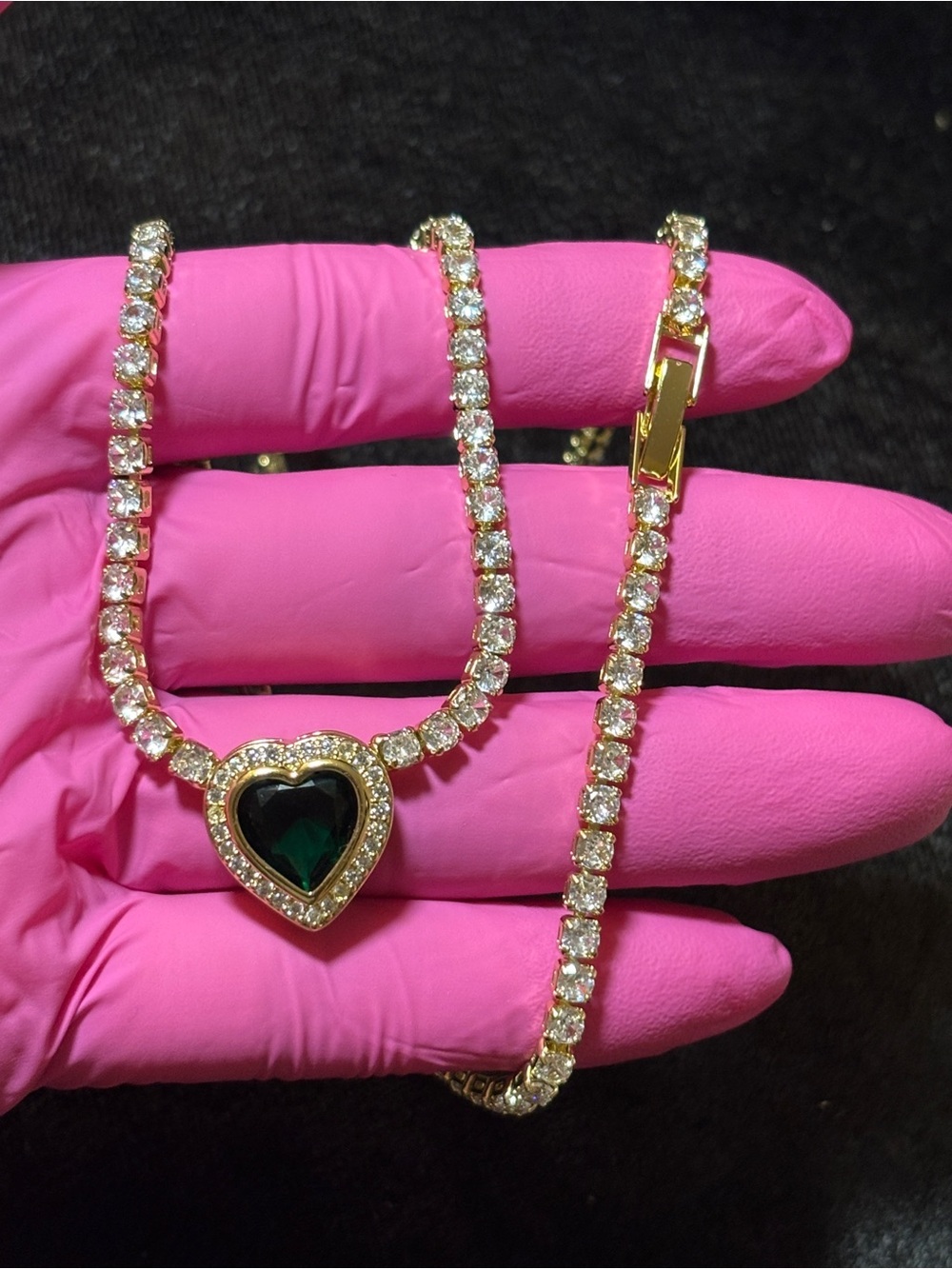 3.2mm Yellow Gold Emerald Green Heart Halo CZ Tennis Necklace 19in. - Picture 7 of 16